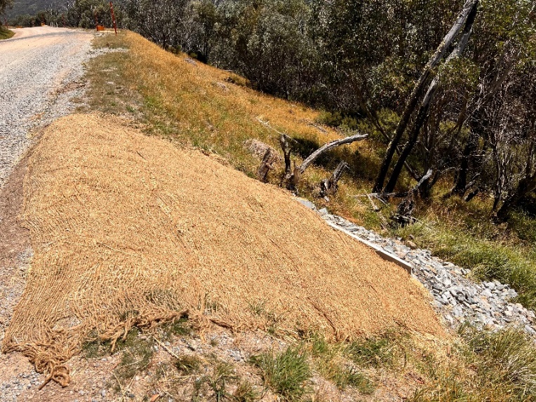 jute erosion control matting stabilising a roadside embankment on guthega rd after culvert install